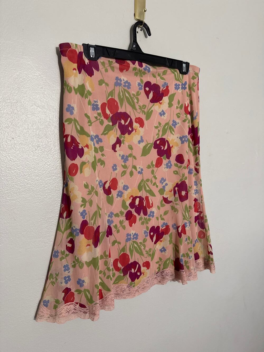 Womens Size S Vintage Y2K 90s Express Above the Knee Pink Floral Lace Trim Skirt
